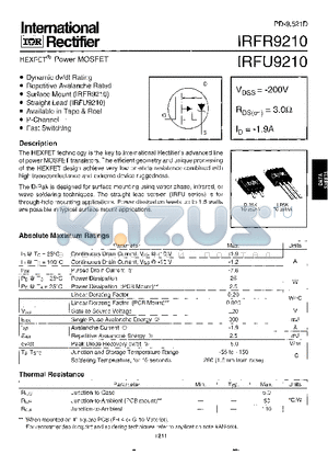 IRFU9210 datasheet - Power MOSFET(Vdss=-200V, Rds(on)=3.0ohm, Id=-1.9A)
