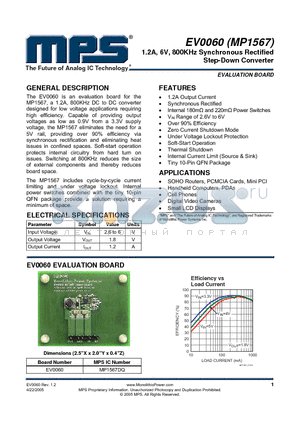 MP1567DQ datasheet - 1.2A, 6V, 800KHz Synchronous Rectified Step-Down Converter
