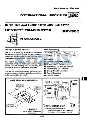 IRFV360 datasheet - REPETITIVE AVALANCHE RATED AND dv/dt RATED HEXFET TRANSISTOR