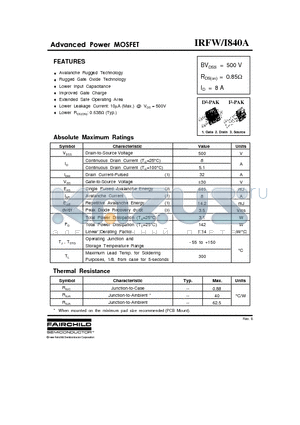 IRFW840A datasheet - Advanced Power MOSFET