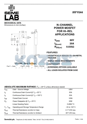 IRFY044 datasheet - N-CHANNEL POWER MOSFET FOR HI.REL APPLICATIONS