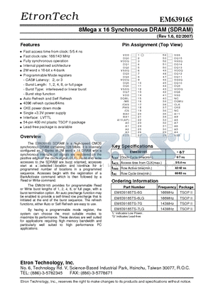 EM639165TS-6LG datasheet - 8Mega x 16 Synchronous DRAM (SDRAM)