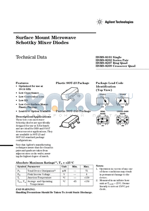 HSMS-8202-TR1 datasheet - Surface Mount Microwave Schottky Mixer Diodes