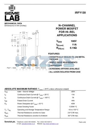 IRFY130 datasheet - N-CHANNEL POWER MOSFET FOR HI.REL APPLICATIONS