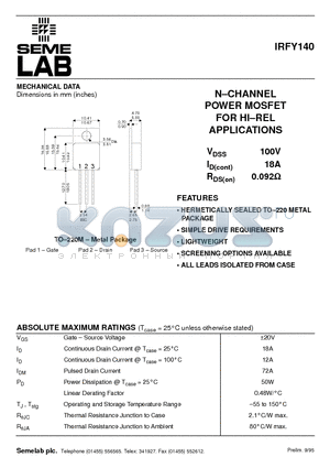 IRFY140 datasheet - N-CHANNEL POWER MOSFET FOR HI-REL APPLICATIONS