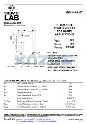 IRFY140-T257 datasheet - N-CHANNEL POWER MOSFET