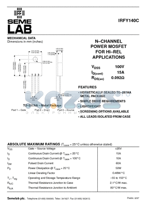 IRFY140C datasheet - N-CHANNEL POWER MOSFET FOR HI.REL APPLICATIONS