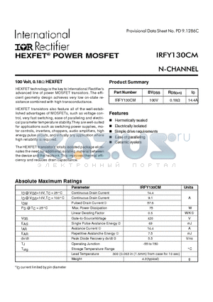 IRFY130CM datasheet - POWER MOSFET N-CHANNEL(BVdss=100V, Rds(on)=0.18ohm, Id=14.4A)