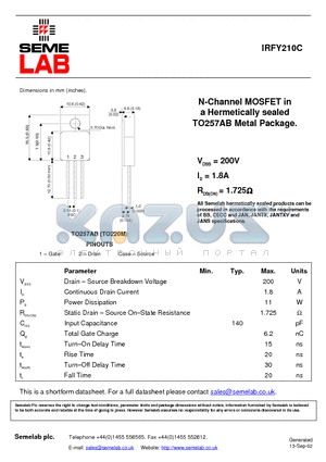 IRFY210C datasheet - N-Channel MOSFET in a Hermetically sealed