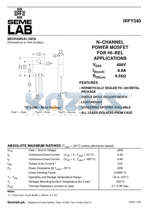 IRFY340 datasheet - N-CHANNEL POWER MOSFET FOR HI-REL APPLICATIONS