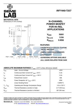 IRFY440-T257 datasheet - N-CHANNEL POWER MOSFET