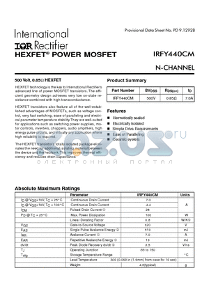 IRFY440CM datasheet - POWER MOSFET N-CHANNEL(BVdss=500V, Rds(on)=0.85ohm, Id=7.0A)