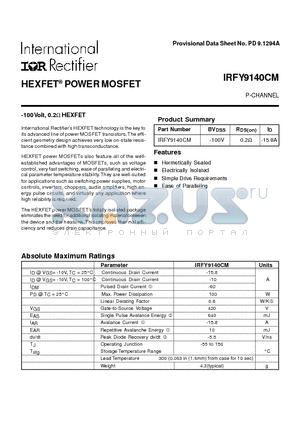 IRFY9140CM datasheet - POWER MOSFET P-CHANNEL(BVdss=-100V, Rds(on)=0.2ohm, Id=-15.8A)