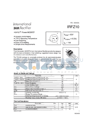 IRFZ10 datasheet - HEXFETR POWER MOSFET