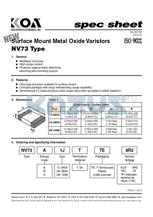 NV73A1JXTE27 datasheet - Surface Mount Metal Oxide Varistors