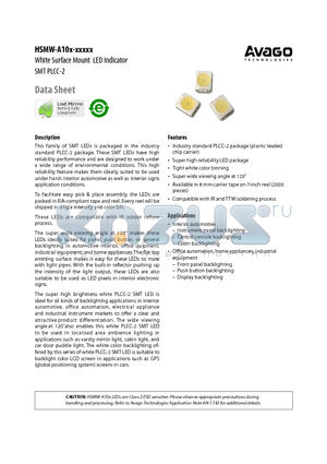 HSMW-A100-T50J1 datasheet - White Surface Mount LED Indicator SMT PLCC-2