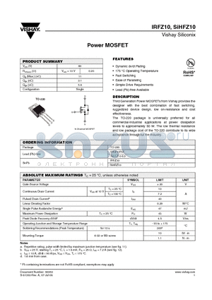 IRFZ10PBF datasheet - Power MOSFET