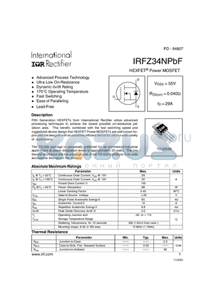 IRFZ34NPBF datasheet - HEXFET Power MOSFET