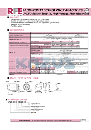 LVG101M2G220300 datasheet - ALUMINUM ELECTROLYTIC CAPACITORS LV/LVG Series: Snap-In, High Voltage, Flame Retardant