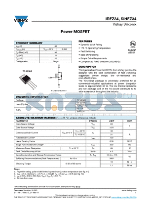 IRFZ34PBF datasheet - Power MOSFET