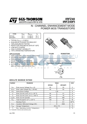 IRFZ40 datasheet - N - CHANNEL ENHANCEMENT MODE POWER MOS TRANSISTORS