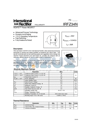 IRFZ34N datasheet - Power MOSFET(Vdss=55V, Rds(on)=0.040ohm, Id=26A)