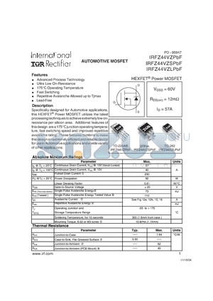 IRFZ44VZSPBF datasheet - HEXFET^ Power MOSFET ( VDSS = 60V , RDS(on) = 12mY , ID = 57A )