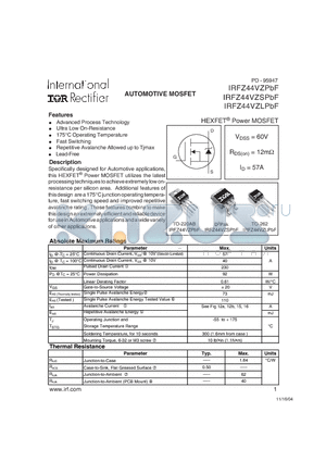 IRFZ44VZPBF datasheet - HEXFET^ Power MOSFET ( VDSS = 60V , RDS(on) = 12mY , ID = 57A )