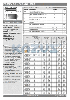 P6SMBJ28 datasheet - Unidirectional and bidirectional Transient Voltage Suppressor diodes