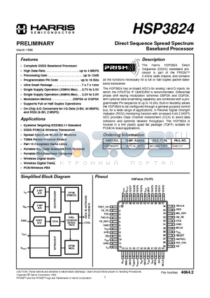 HSP3824 datasheet - Direct Sequence Spread Spectrum Baseband Processor