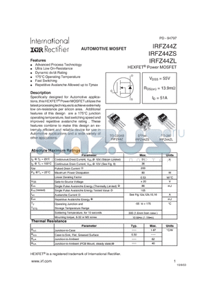 IRFZ44Z datasheet - Power MOSFET(Vdss=55V, Rds(on)=13.9mohm, Id=51A)