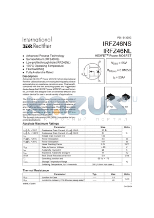 IRFZ46NSTRR datasheet - HEXFET POWER MOSFET