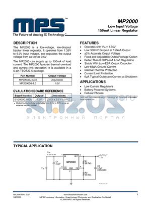 MP2000 datasheet - Low Input Voltage 150mA Linear Regulator