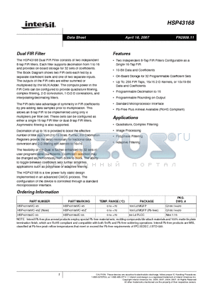 HSP43168 datasheet - Dual FIR Filter