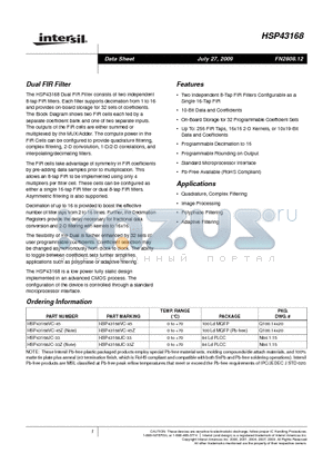 HSP43168 datasheet - Dual FIR Filter
