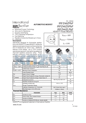 IRFZ46ZSPBF datasheet - AUTOMOTIVE MOSFET