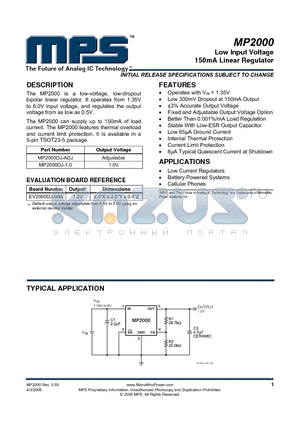 MP2000DJ-1.0 datasheet - Low Input Voltage 150mA Linear Regulator