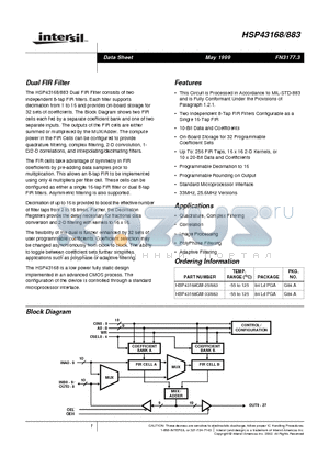 HSP43168883 datasheet - Dual FIR Filter