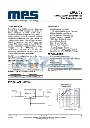 MP2104 datasheet - 1.7MHz, 600mA Synchronous Step-Down Converter