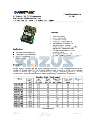 NVD0.3CHH-M6 datasheet - NV Series: 4 - 6W DC/DC Converters 9-36V, 18-36V, 36-72V & 16-75V Inputs 3.3V, 5.0V, 12V, 15V, a5.0V, a12V, a15V & a24V Outputs