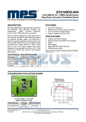 MP2109DQ datasheet - Dual 800mA, 6V, 1.2MHz Synchronous Step-Down Converter Evaluation Board