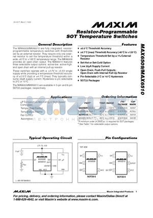 MAX6510CAUT-T datasheet - Resistor-Programmable SOT Temperature Switches