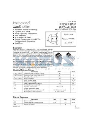 IRFZ48RLPBF datasheet - HEXFET POWER MOSFET ( VDSS = 60V , RDS(on) = 0.018Y , ID = 50A )