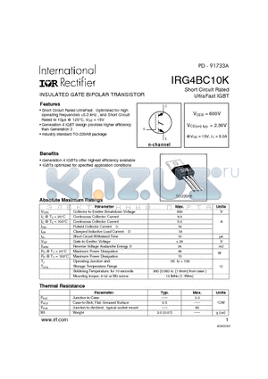 IRG4BC10K datasheet - Short Circuit Rated UltraFast IGBT