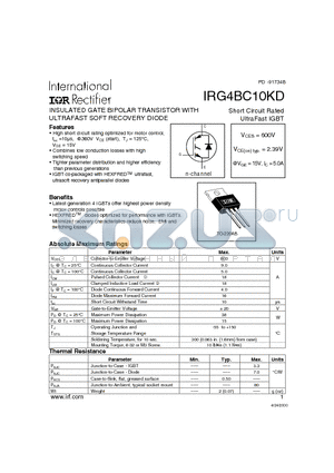 IRG4BC10KD datasheet - INSULATED GATE BIPOLAR TRANSISTOR WITH ULTRAFAST SOFT RECOVERY DIODE(Vces=600V, Vce(on)typ.2.39V, @Vge=15V, Ic=5.0A)