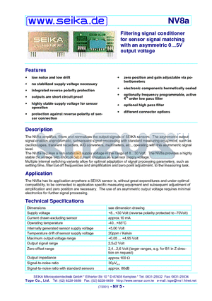 NV8A datasheet - Filtering signal conditioner for sensor signal matching with an asymmetric 05V output voltage