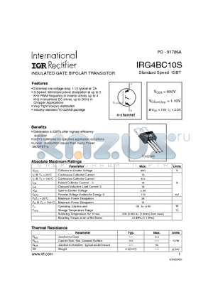 IRG4BC10S datasheet - INSULATED GATE BIPOLAR TRANSISTOR Standard Speed IGBT(Vces=600V, Vce(on)typ.1.10V, @Vge=15V, Ic=2.0A)