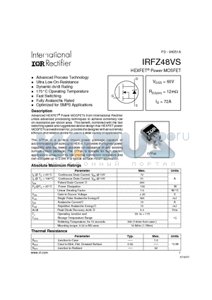 IRFZ48VS datasheet - Power MOSFET(Vdss=60V, Rds(on)=12mohm, Id=72A)