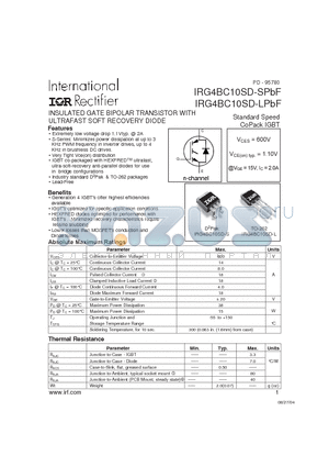 IRG4BC10SD-SPBF datasheet - INSULATED GATE BIPOLAR TRANSISTOR WITH ULTRAFAST SOFT RECOVERY DIODE