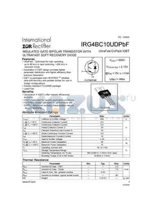 IRG4BC10UDPBF datasheet - INSULATED GATE BIPOLAR TRANSISROT WITH ULTRAFAST SOFR RECOVERY DIODE UltraFast CoPack IGBT